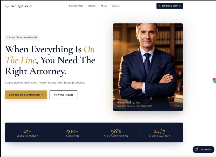 Attorney Elite homepage: a trial-attorney practice with hero portrait and consultation call to action