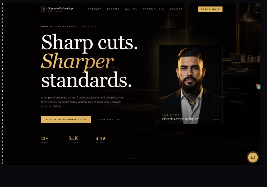 Barbershop Elite homepage with editorial typography and an AI concierge booking button