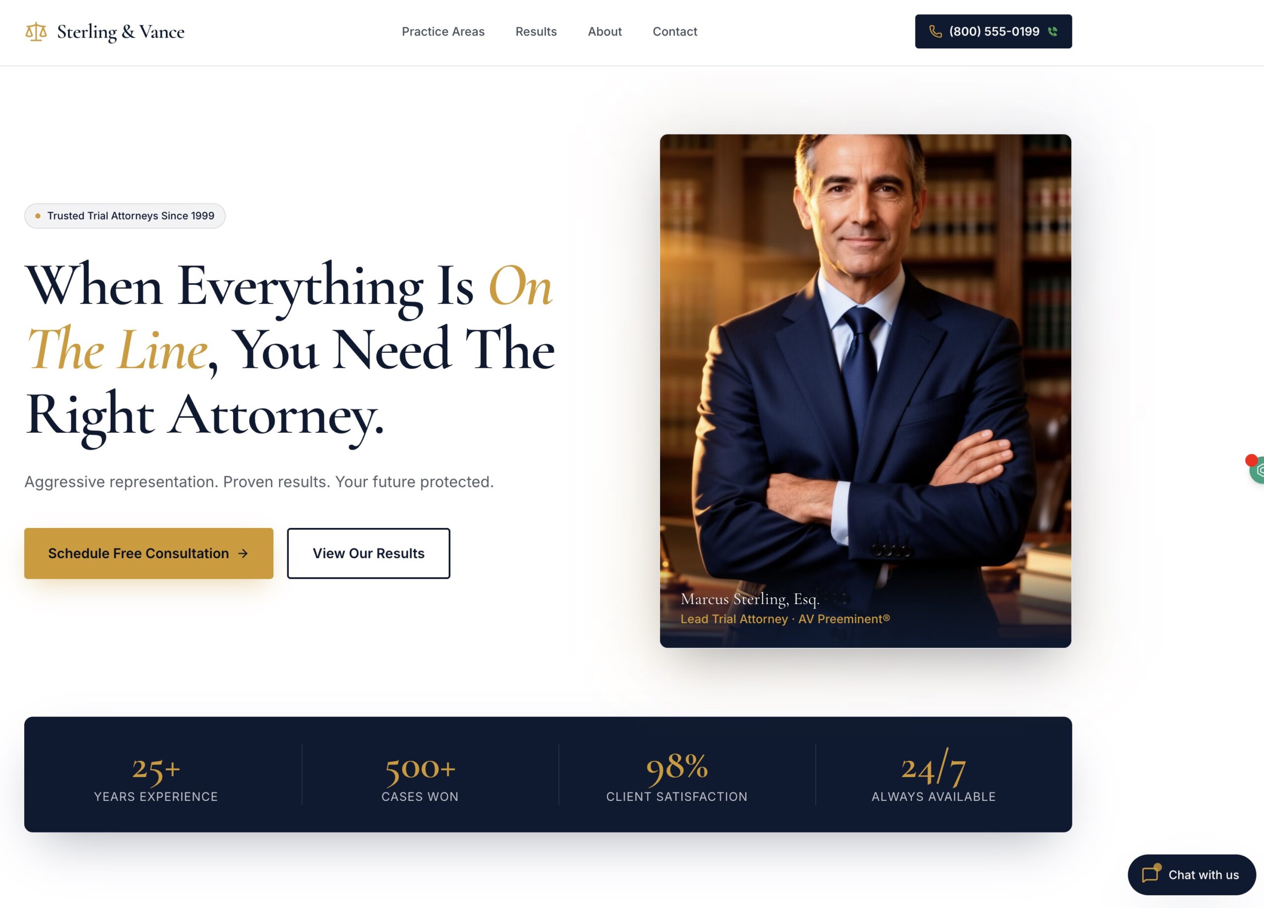 Premium law firm website with navy and gold theme and consultation booking