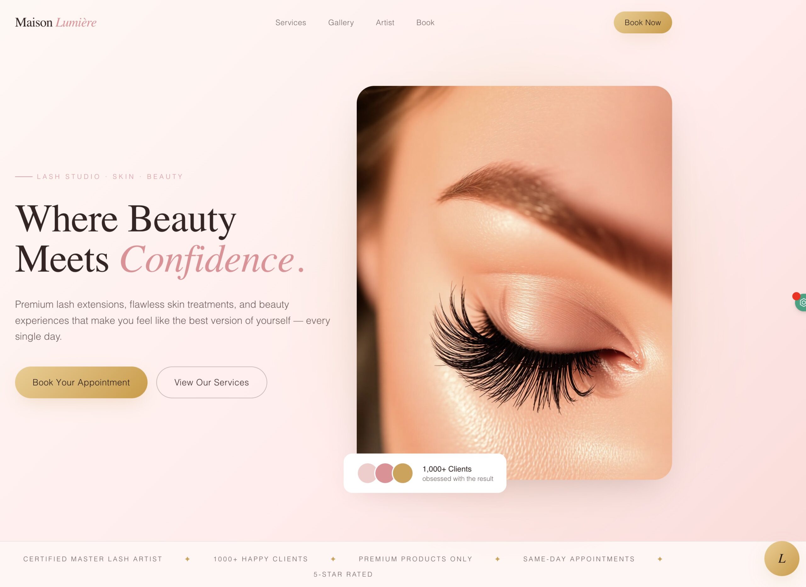 Premium beauty salon website with before and after lash transformations