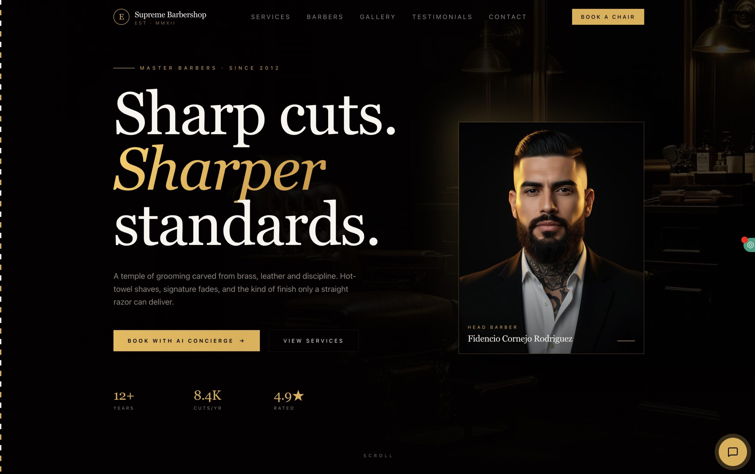 Premium barbershop website with dark theme, gold accents, and AI booking Caption: barbershop-elite.mastersoftheux.com