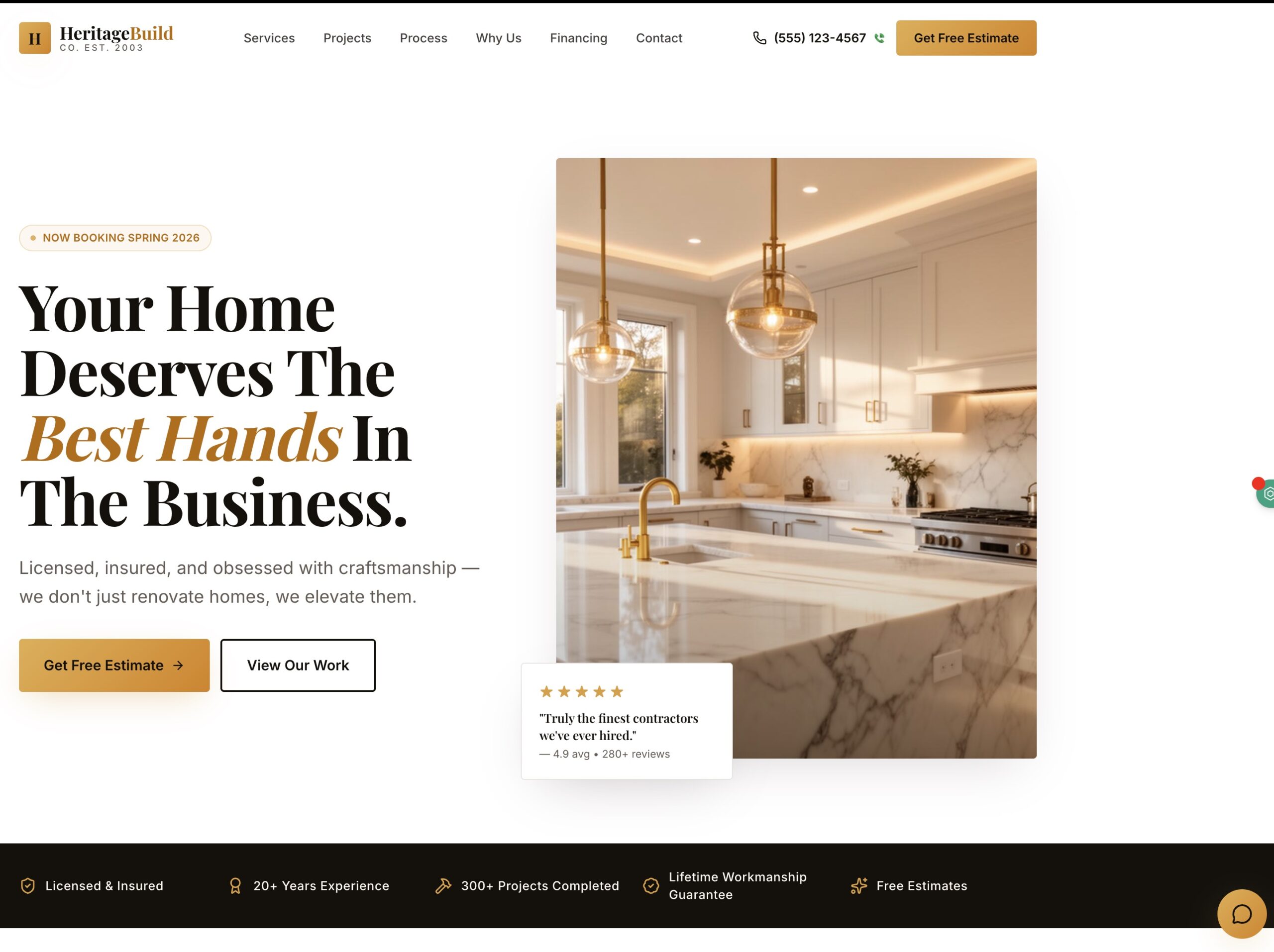 Premium contractor website with project gallery and free estimate booking