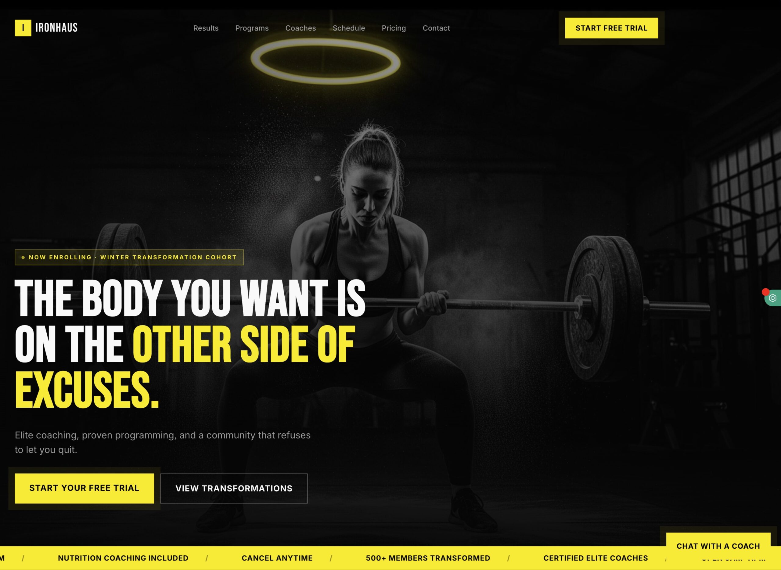 Premium fitness studio website with transformation gallery and class schedule