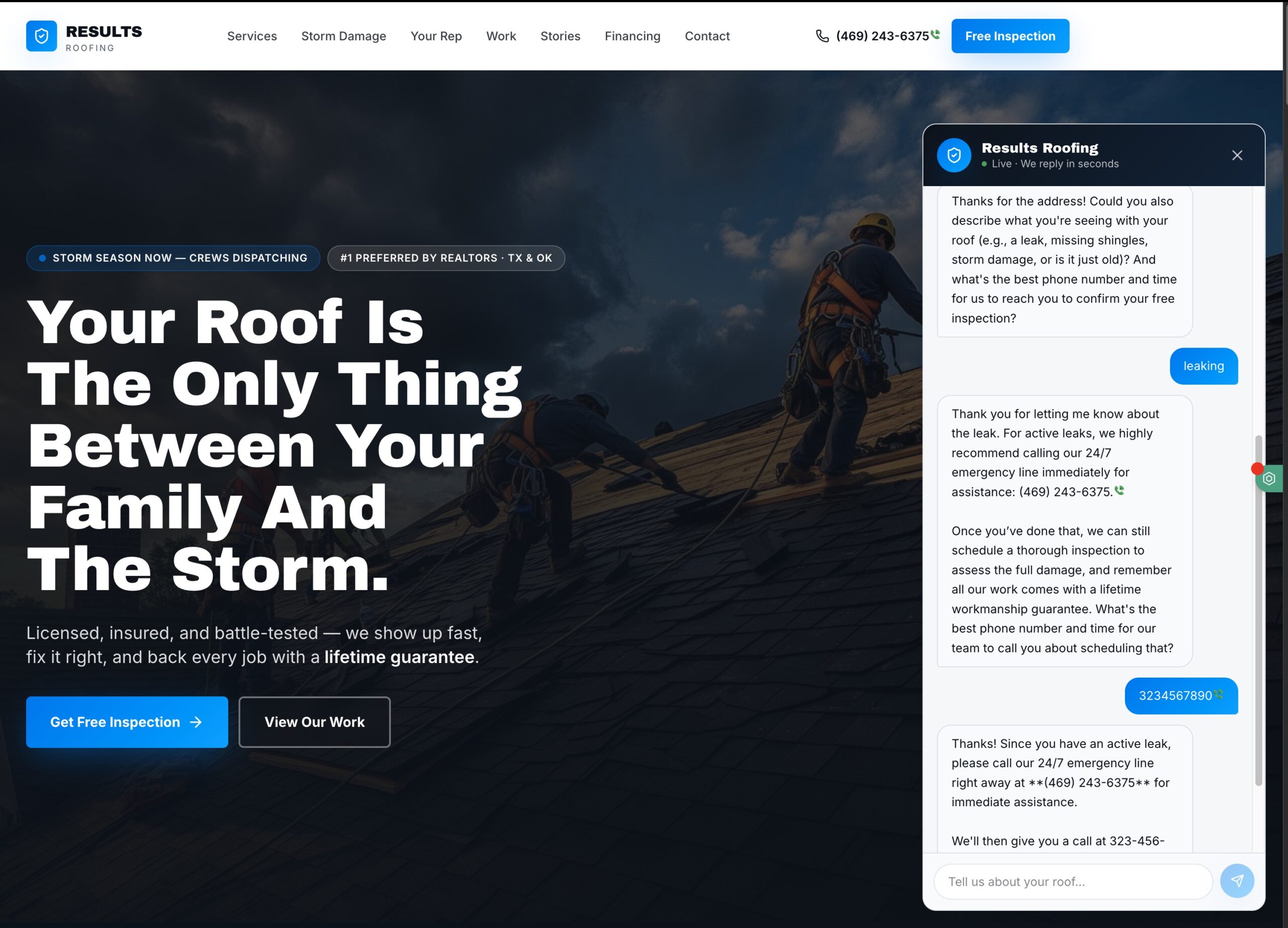 Premium roofing website with storm damage section and free inspection booking